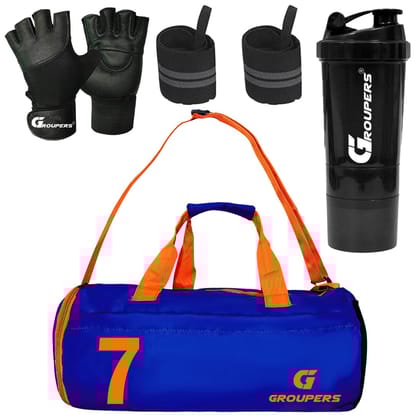 GROUPERS Combo Set of Duffle Polyester Bag with Shaker Bottle-500ml, Gloves & Wrist Band (Blue 07)