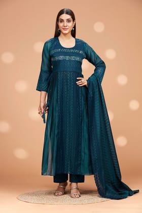 A-line Embroidered Kurta Set With Sequence Work-GREEN / M