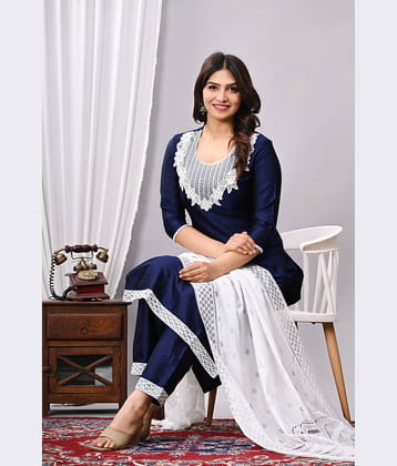 EXPORTHOUSE Women Silk Blend Embroidered Straight Kurti With Pants ( Navy Blue )