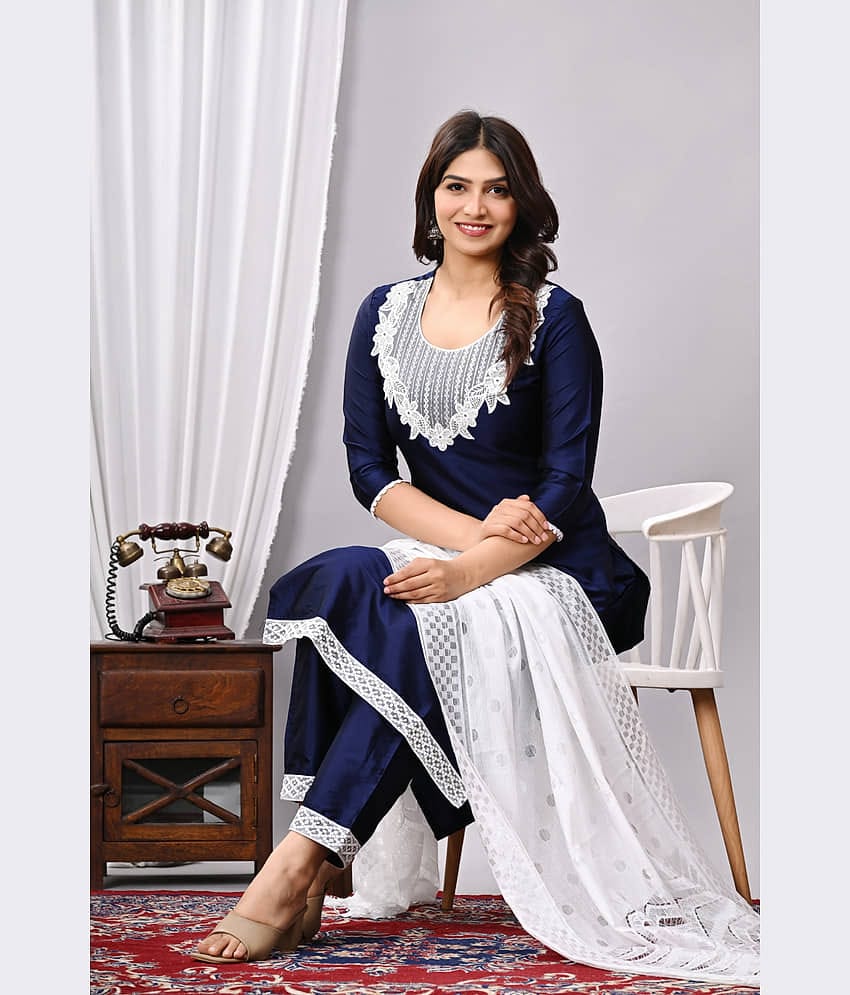EXPORTHOUSE Women Silk Blend Embroidered Straight Kurti With Pants ( Navy Blue )