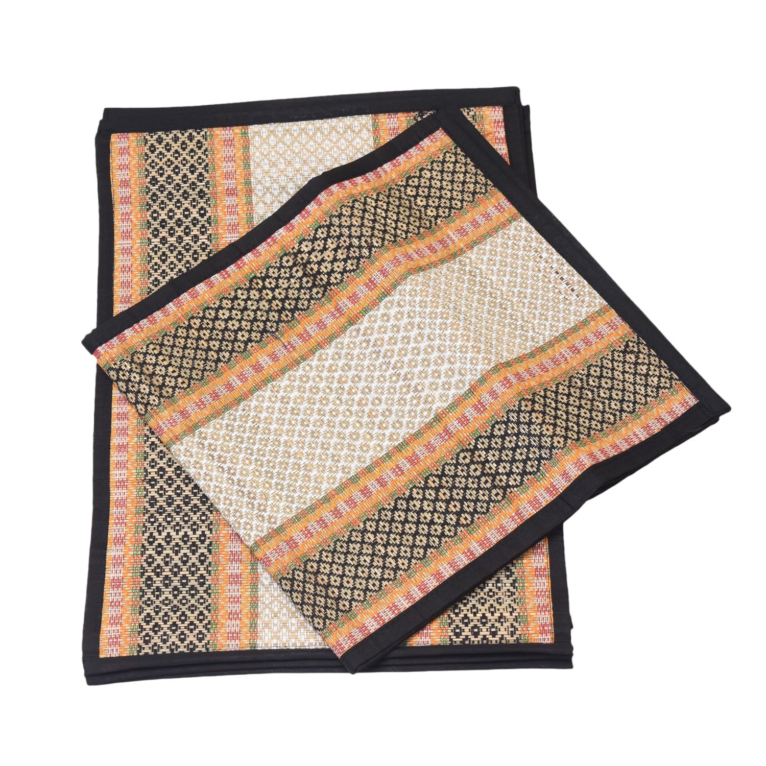 Elegant Handloom Table Mat Set - 6 Mats & 1 Runner, Black & White Cotton Weave from West Bengal