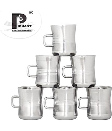 PIQUANT KITCHENWARE Steel Damru Fancy Double Walled Tea Cup 6 Pcs 90 ml