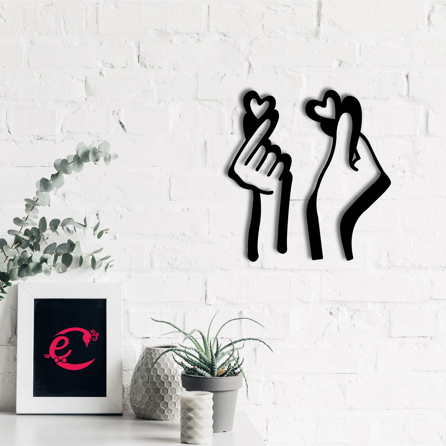 Loving Couple Hands With Hearts Black Engineered Wood Wall Art Cutout, Ready To Hang Home Decor