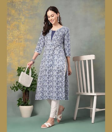 GOD BLESS Women Cotton Printed Straight Kurti ( Blue )