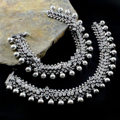 Real Silver CZ Oxidized Indian  Women Bridal Style Anklets Ankle Pair 10"