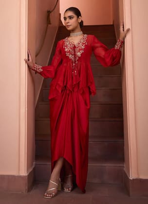 Red Embroidered Organza Top With Drape Skirt-XS