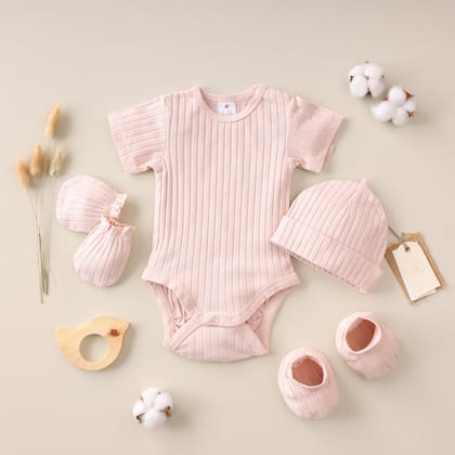 Poshaak Baby Bodysuit Set-Pale Blush / 3-6 months with Cap Mittens and Booties