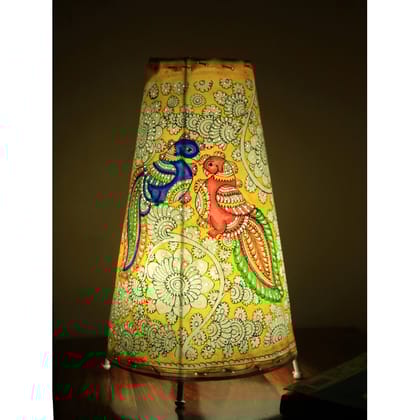 Dreamy Peacock Kalamkari Handpainted Standing Round Leather Lamp -26 Inch