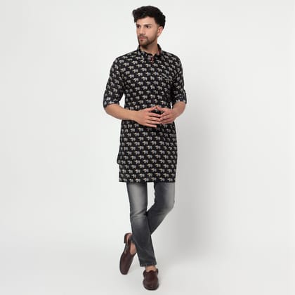 balck Men's block printed shirt collar cotton kurta-XS