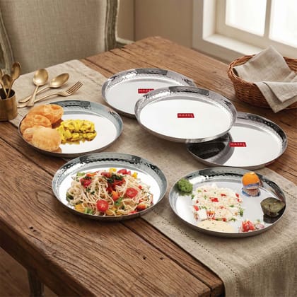 HAZEL Stainless Steel Lunch Plate 25.5cm, Set of 6 , Hammered Rim Finish Daily Use Dinner Plate Food Serving Plate for Restaurant Thali
