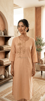 Bivabari Cotton Handloom Kurti | Peach | Large | Hand Embroidery, Three-Quarter Sleeves | Ethnic Casual