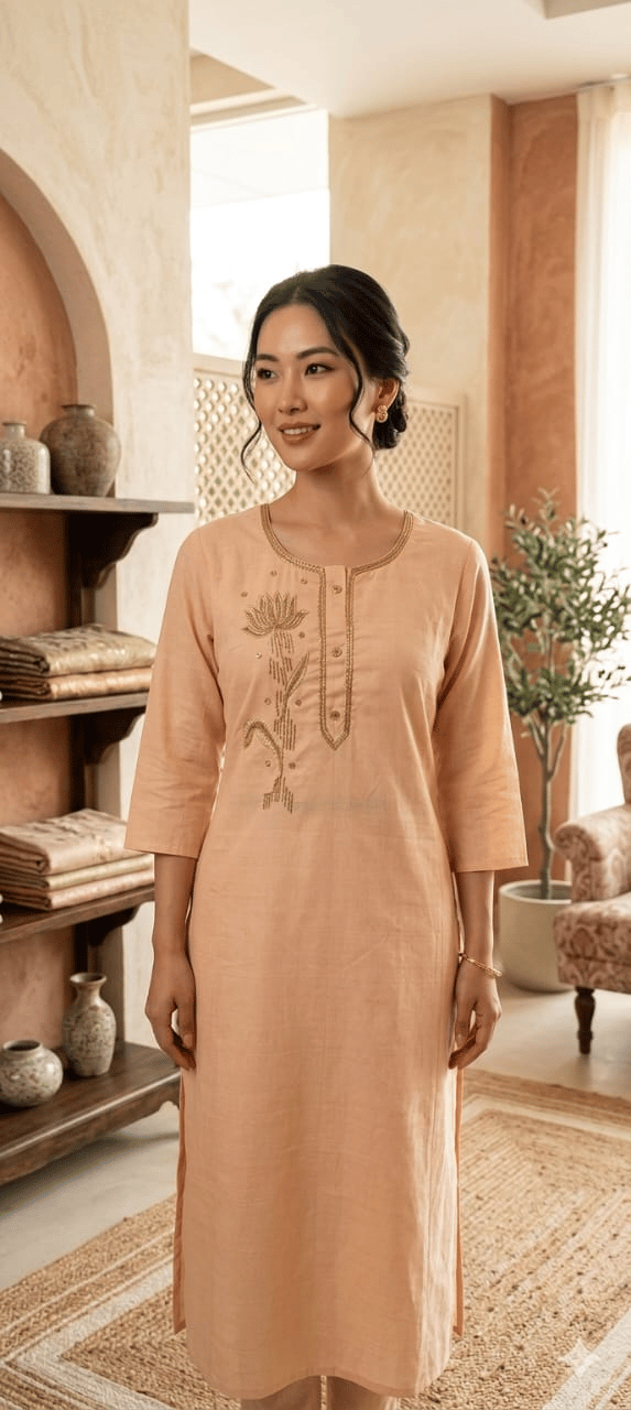 Bivabari Cotton Handloom Kurti | Peach | Large | Hand Embroidery, Three-Quarter Sleeves | Ethnic Casual