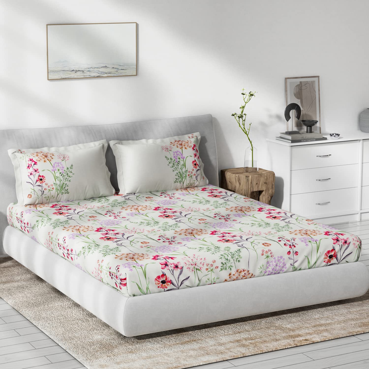 DDECOR - Primary Collection 100% Cotton Floral Pattern 136TC King Bedsheet |229 CM X 274 CM| with 2 Pillow Covers - Multi