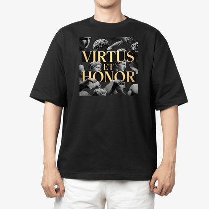 rasb virtus et honor- T-Shirt - Round Neck Drop Shoulder Graphic Printed Oversized Cotton T-shirt-S / Black