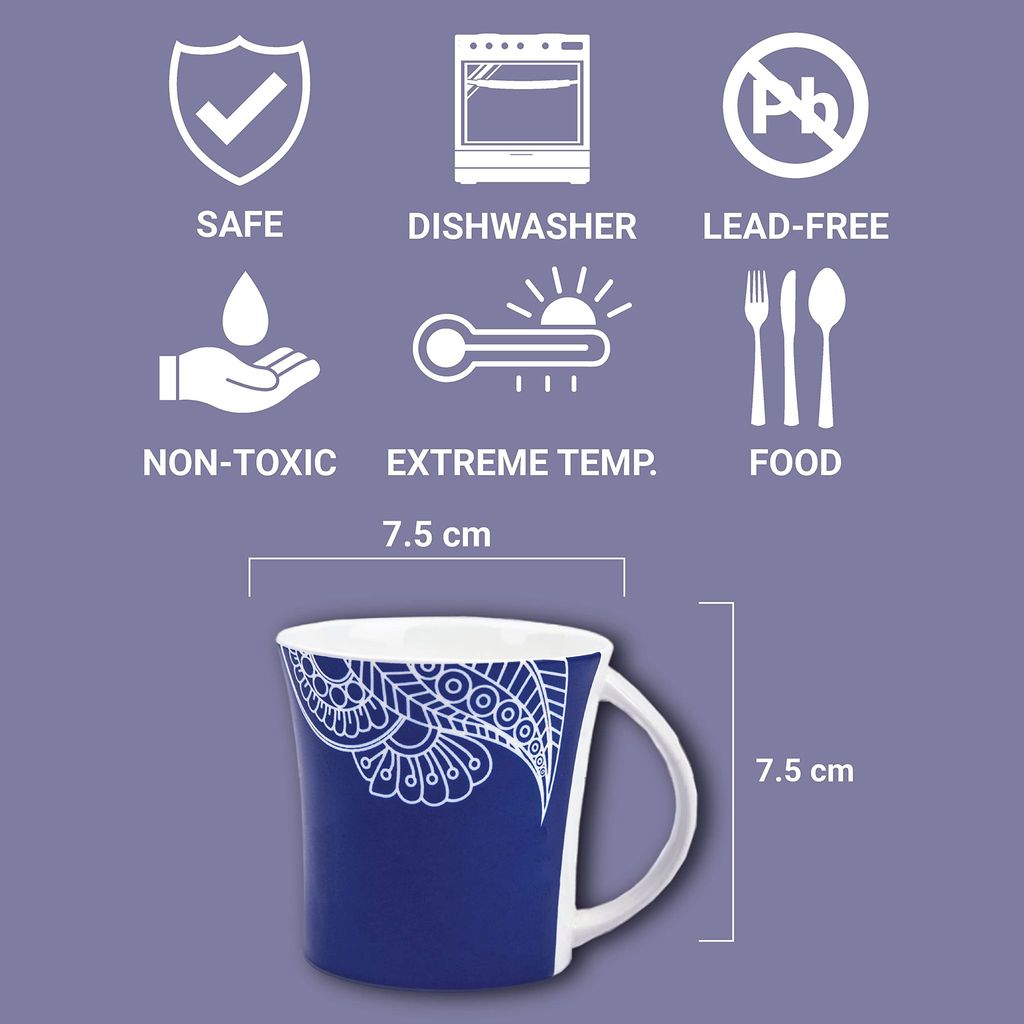 Femora Rich Paisley Pattern Tea Cups, Ceramic Tea Cups, Coffee Mugs (160 ml) - 6 Pcs Set (Blue)