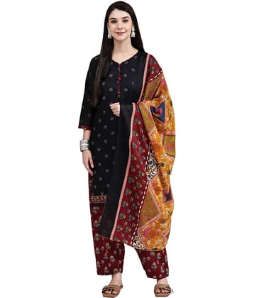Rajnandini Women Cotton Blend Printed Straight Kurti With Patiala Salwar ( Black )