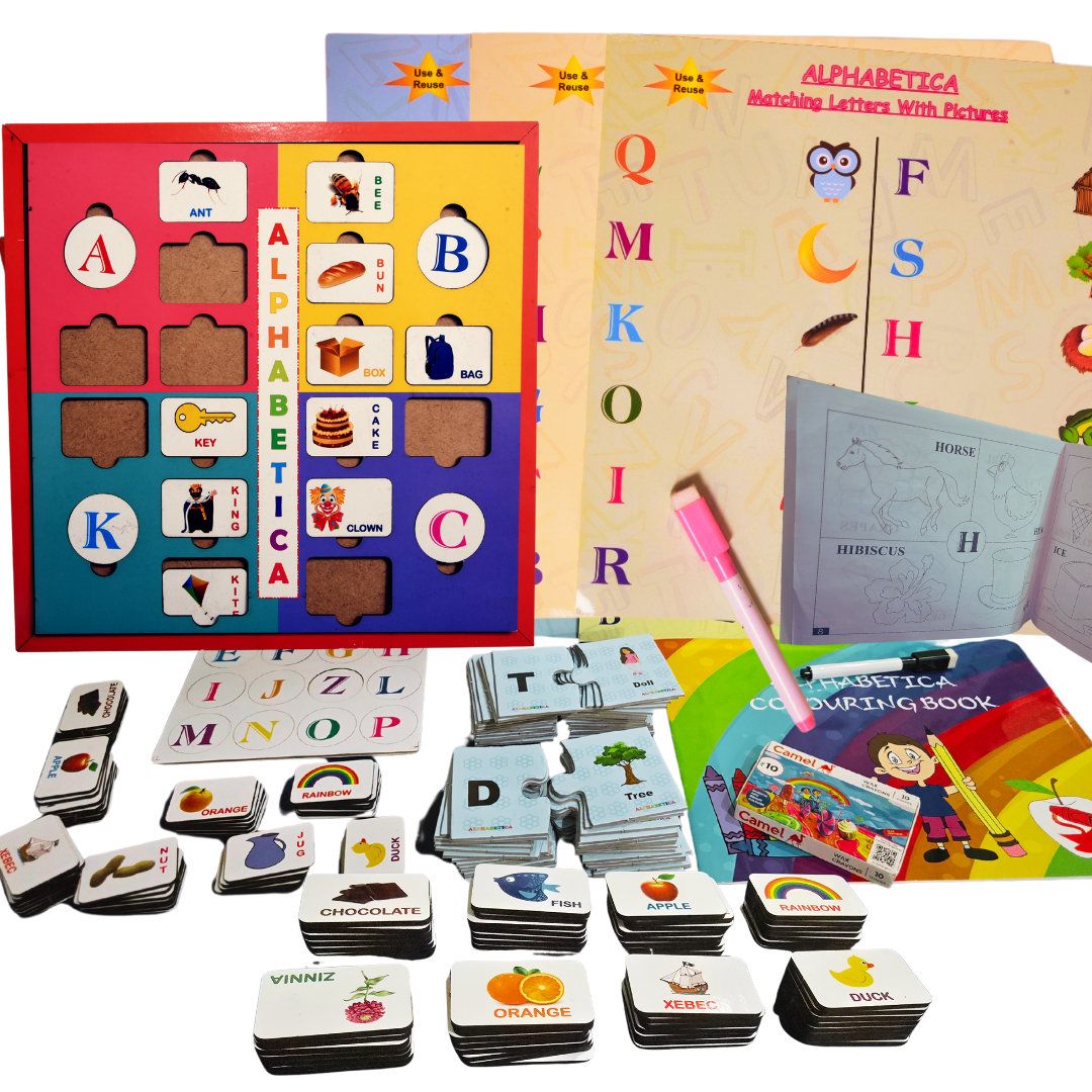 TOYJOS Wooden Educational Kids Learning Kit for Boys Girls | Reusable Sheets, Flash Cards, Cubes, Blocks, Analog Clock Board Games for Early Learning | Montessori Preschool Toys Set (Age 3–6 Years)