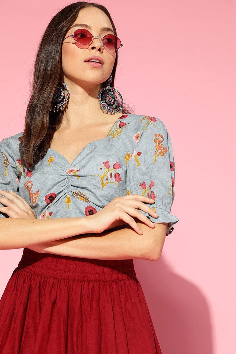 Blue Pure Cotton Floral Print Crop Top VT1167