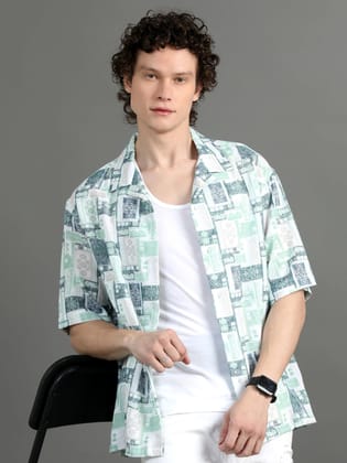 Premium Men Summer Shirt, Oversized Fit, Viscose Rayon, Half Sleeve, Printed-S / Printed White