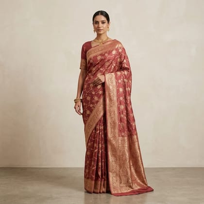 Peach Banarasi Satin Brocade Ethnic Print Saree For Women