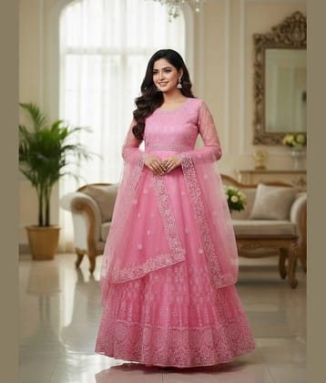 Aika Women Net Flared Semi Stitched Ethnic Gown With Dupatta ( Pink )