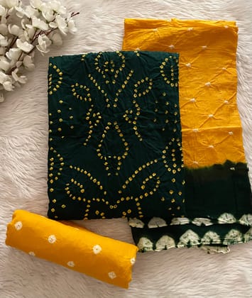 Cotton Satin Multicolor Kutch Bandhani Dress Material (Unstitched)-Green