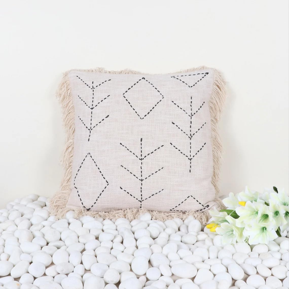 Indihomecraft Handicraft Cotton Cushion Cover - Hand Kantha Embroidery Decorative Art Boho Pillow Block Woven Pillow Cover | Square Shape 20X20 Inches Cushion Cover, Set of 1