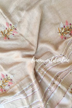 Beige French Knot Embroidered Pure Linen Saree