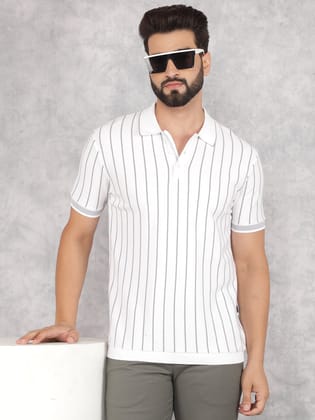 Grey Vertical Striped Polo Neck T-Shirt-M / Grey