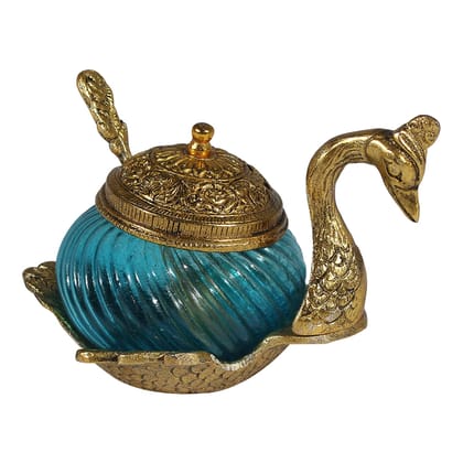 DreamKraft White Metal Gold Polished Mouthfreshner Serving Duck & Swan Spoon Set with Lid, Size: 12 cm x 13 cm - Golden