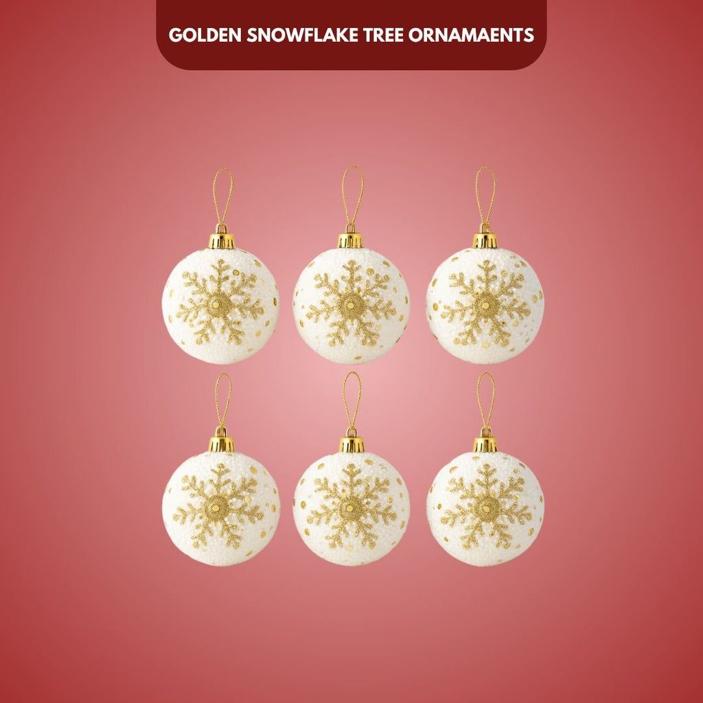 Christmas Glitter White Balls with Golden Snowflakes - 6PC - Party and Festive Needs | Buy online on ZillyBuy