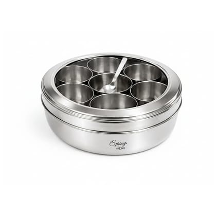 Spring by LA FORTE Stainless Steel Masala Dabba 8 Inch | 7 Containers + Spoon | Airtight See-Through Lid | 1400 ml Spring by LA FORTE Stainless Steel Masala Dabba 8 Inch | 7 Containers + Spoon | Airtight See-Through Lid | 1400 ml