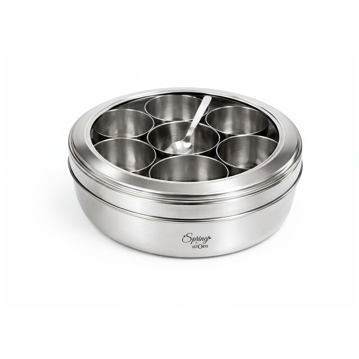 Spring by LA FORTE Stainless Steel Masala Dabba 8 Inch | 7 Containers + Spoon | Airtight See-Through Lid | 1400 ml