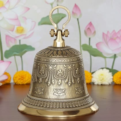 Brass Hanging Temple Pooja Bell, Ghanta Embose, Height : 10.5 Inch (ZMAS221 F)