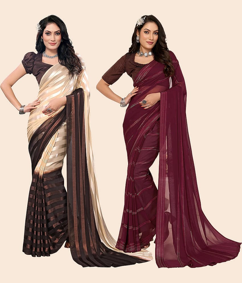 ANAND SAREES Satin Striped Saree With Unstitched Blouse Piece ( Multicolor )