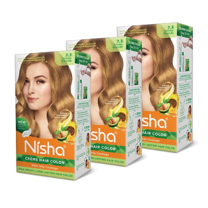 Nisha Creme Hair Color 7.3 Honey Blonde 120g Pack of 3, Permanent Hair Colour for Long Lasting Hair, 100% Grey Coverage