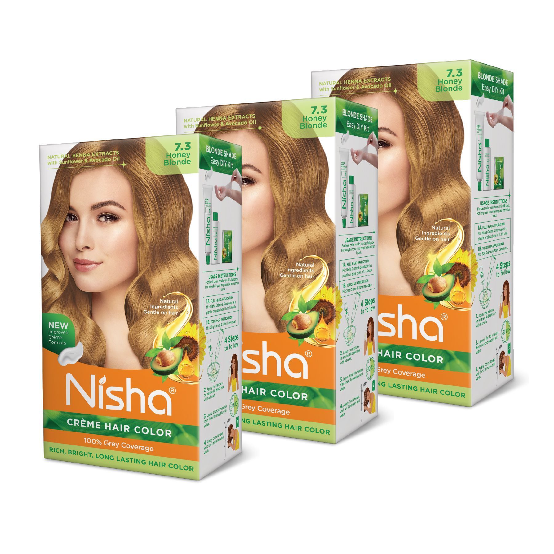 Nisha Creme Hair Color 7.3 Honey Blonde 120g Pack of 3, Permanent Hair Colour for Long Lasting Hair, 100% Grey Coverage