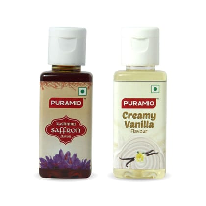 Puramio Combo Concentrated Flavours (Kashmiri Saffron + Creamy Vanilla), 50 ml Each - Pack 2