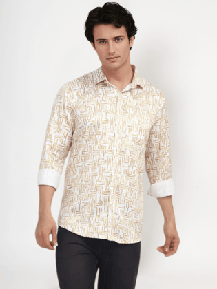 Men'S Poly Satin Lycra Mustard Digital Printed Shirt-38