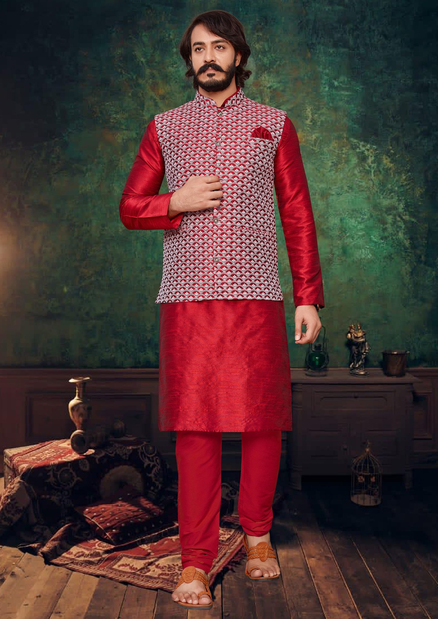 Ruby Elegance: Lakhnavi Work (Only Nehru Jacket)-S