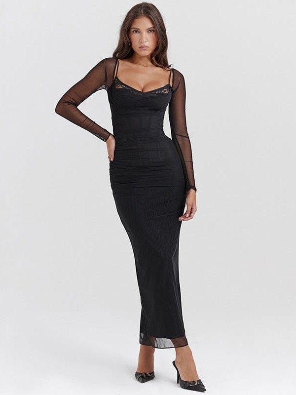 Black Spaghetti Strap Backless Tight Split Maxi Dress-M / Black