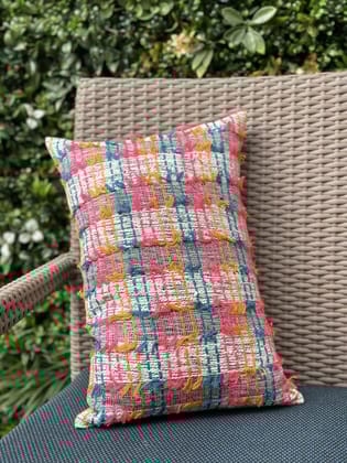 KRI India Distressed Sunny Multi Hues Cushion cover|16x16 inches | Pink, Orange & Blue lines on Ivory  | Wash & Care | 100% Cotton | Handcrafted in India. 100% organic & natural.