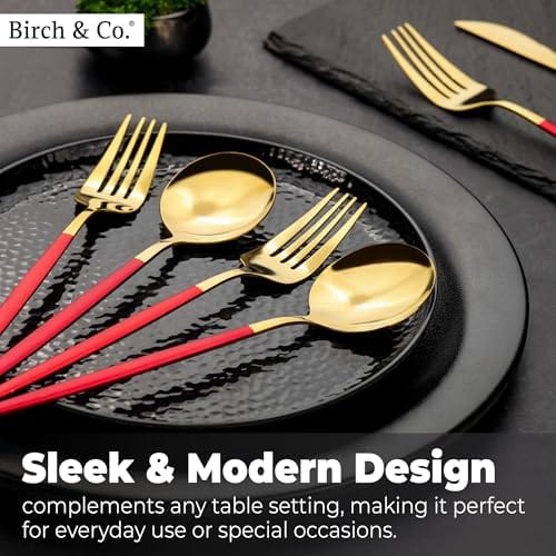 Spoon Set for Kitchen - Cutlery Set for Dining Table - Golden Spoon Set for Dining Table -Golden Knifes Spoons and Forks Set with Stylish Box, Durable Stainless Steel with Mat Finish Handles,Red