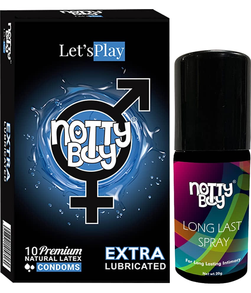 NottyBoy  Long Last Delay Spray For Men 20g, Extra Lubricated Condoms - Pack of 1