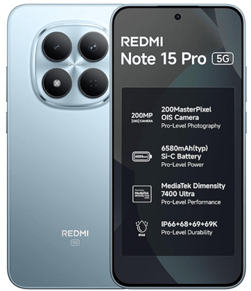 REDMI Note 15 Pro 5G (Mirage Blue, 8GB+128GB) | 200MasterPixel OIS Camera | Dimensity 7400-Ultra | 17.3cm CrystalRes AMOLED Screen | IP66/68/69/69K | Mega 6580mAh Si/C Battery | 45W Fast Charging