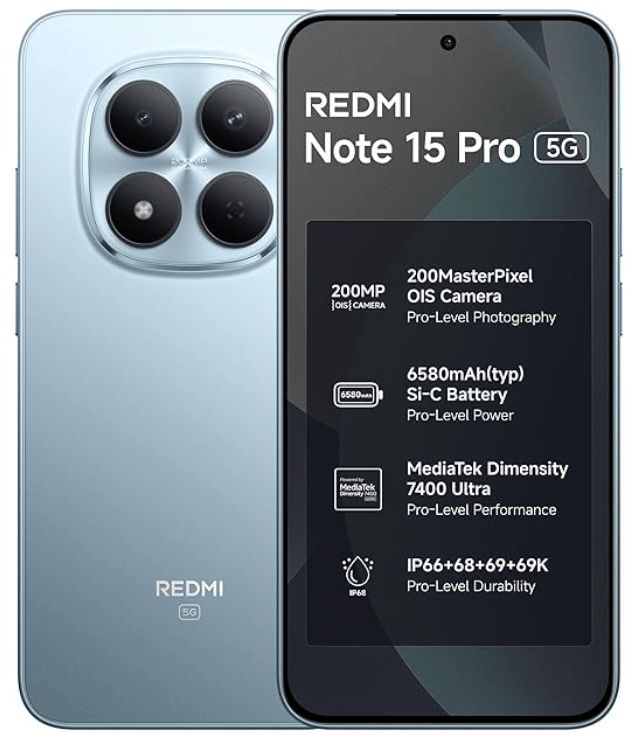 REDMI Note 15 Pro 5G (Mirage Blue, 8GB+128GB) | 200MasterPixel OIS Camera | Dimensity 7400-Ultra | 17.3cm CrystalRes AMOLED Screen | IP66/68/69/69K | Mega 6580mAh Si/C Battery | 45W Fast Charging