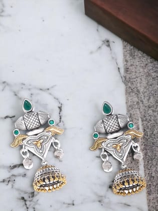 Silver-Toned  Green Dome Shaped Jhumkas