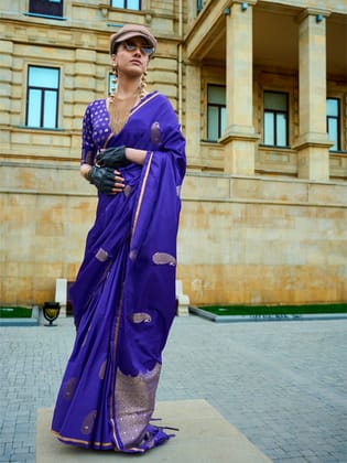 Royal Blue Pure Satin Paisley Design Handwoven Banarasi Weaving Silk Saree