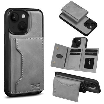 The Wallet Store Premium Leather iPhone Case Cover With Detachable Cardholder - Grey - iPhone 15 Plus