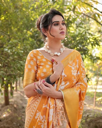 Sunshine Yellow Tussar Silk Saree with White Floral Motifs, Lustrous Zari Border, and Graceful Tassel Pallu-Regular
